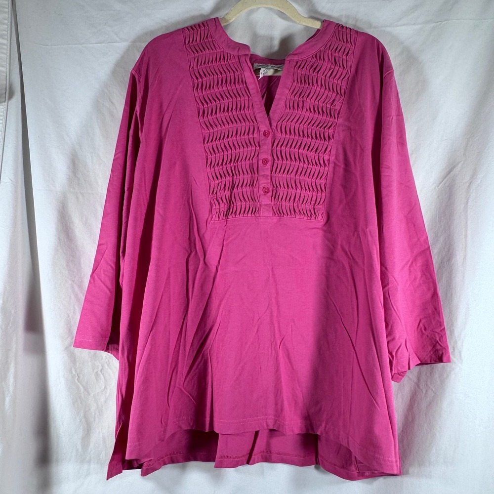 Anthony Richards Womens 3X Pink Pintuck Pleated Henley Tunic 3/4 Sleeve Top 2329